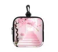 Pink Cherry Blossom Staircase Small Zip Pouch-Waterproof Neoprene Storage Bag for Earbuds, Keychain Clip Case for Coins Cards USB, Travel Organiser