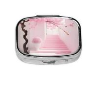 Pink Cherry Blossom Staircase Square Pill Box with Full Print Design - Portable Metal Travel Case for Vitamins & Medication, 2.2x1.6x0.7 Inch.