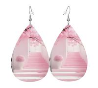 Pink cherry blossom staircase Teardrop-shaped leather earrings are a luxurious and fashionable accessory suitable for women, showcasing individual charm.