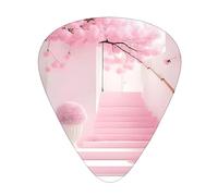 Pink cherry blossom staircase Wear-resistant guitar picks for guitar, bass, electric guitar, ukulele, thin, medium, heavy, 12-piece guitar picks