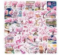 Pink Cherry Blossom Stickers 50 Pcs Vinyl Cute Trendy Floral Sticker for Water Bottle Laptop Skateboard Luggage Scrapbook Helmet Bumper Cars Bicycle,Waterproof Funny Plant Decals for Adults Girls