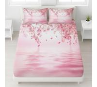 Pink Cherry Blossom Super King Fitted Sheet Water Reflections Bed Sheets Deep Pocket 12 inch (30 cm) Soft Cozy 3 Piece Microfibre Bed Sheet 180x200 cm with 2 Pillowcases 50x75 cm