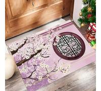 Pink Cherry Blossom Tree Door Mats Indoor, 60 x 120 cm Washable Inside Door Mat, Ancient Buildings Low Profile Non-slip Doormats, Absorbent Entrance Rug for Front Back Door Floor - Pink Purple