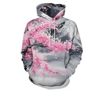 Pink Cherry Blossom Tree Hoodies for Men Women, Full 3D Printed Graphic Sweatshirt, Unisex Novelty Mount Fuji Flowers Athletic Breathable Fashion Pullover with Pockets Grey