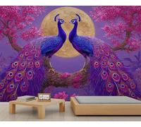 Pink Cherry Blossom Tree Peacock Murals Elegant Colorful Birds Floral Wallpaper Dreamy Romantic Flower Wallpaper for Walls Night Sky with Moon Wall Paper