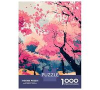 Pink Cherry Blossom Trees Landscape Minimalist Abstract Illustration Art 1000 Piece Jigsaw Puzzle, Landmark Urban View, 1000 Pieces for Adults, Family Night Game for Families, Weekend Hobby, 70x50cm/1