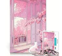 Pink Cherry Blossoms And White Cat 1000 Piece Jigsaws for Adults Puzzle Strengthen Memory Warm Time Clean Edge (38x26cm)