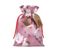Pink Cherry Blossoms Burlap Drawstring Gift Bag With Tag, Reusable Linen Pouch For Christmas, Birthday, Party, Small Gift Packaging M