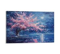 Pink Cherry Blossoms Canvas Wall Art, Vintage Graffiti Botanical Moonlight Painting Print on Textured Canvas, Wall Poster Artwork for Living Room Bedroom Office Decor Frame 24x36inch(60x90cm)