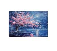 Pink Cherry Blossoms Canvas Wall Art, Vintage Graffiti Botanical Moonlight Painting Print on Textured Canvas, Wall Poster Artwork for Living Room Bedroom Office Decor Unframe 08x12inch(20x30cm)
