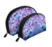 Pink Cherry Blossoms Portable Shell Cosmetic Bag Set - Travel Makeup Organiser with Zipper & Inner Compartments