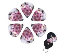 Pink Cherry Blossoms Print Guitar Picks 6 Pack Guitar Plectrums with Pick Holders Bass Picks For Acoustic Guitar Bass Electric Ukulele Includes 0.46mm, 0.71mm, 0.96mm