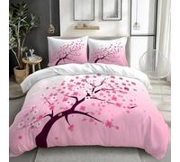 Pink Cherry Blossoms Single Duvet Cover Set Japanese Style Bedding Set 3D Print Soft Microfiber Quilt Covers 155x200 cm with Zipper Closure and 2 Pillowcases 50x75 cm for Kids Teens C.279
