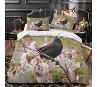 Pink Cherry Blossoms Single Duvet Cover Sets 3D Printed Magpie Bedding Set Soft Brushed Microfiber Quilt Cover 135x200 cm with Zipper Closure for Teens and Adults with 2 Pillowcases d-1462