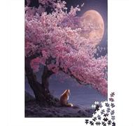 Pink Cherry Blossoms Under The Moon, Fox1000 Piece Impossible for Adults Games Gifts Kids Challenge Jigsaw