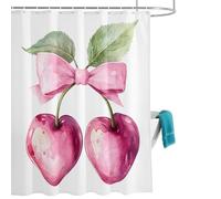 Pink Cherry Bow Shower Curtain for Bathroom, Spring Sweet Heart-shaped Cherry Green Leaf Waterproof Cloth Fabric Bathroom Accessories Set with 12 Rust Proof Plastic Hooks, 72” x 72”