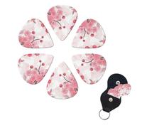Pink Cherry Floral Guitar Picks 6 Pack, 0.46mm Thickness Celluloid Bass Pick with Leather Guitar Pick Holder Keychain Abstract Art Pics Plectrum for Acoustic Electric Guitar, Ukulele, Bass