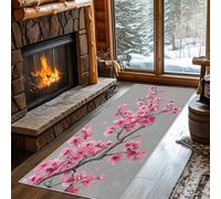 Pink Cherry Floral Runner Rug for Hallway Long Branch Flowers Rug Runners for Hallways 90x300 cm, Long Door Mats Indoor Runners Non Slip Washable Carpet for Hall Living Room Kitchen Bedroom, Thin