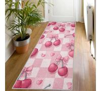 Pink Cherrys Bow Hallway Rug 60 x 220, Washable Pink Checkered Print Kitchen Carpet Runners Short Pile Non-Shedding Bedroom Living Room Runner Rug, Girls Floor Mat for Indoor Entryway Vm376
