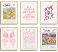 Pink Christian Posters Wall Art Set of 6 Bible Verse Canvas Wall Decor Religious Pictures Prints Scripture Bundle Bow Artwork Girls Room Trendy Preppy Painting Home Decoration 8x10 Inch Unframed