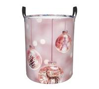 Pink Christmas Ball Print Collapsible Circular Laundry Hamper - Waterproof Canvas Basket With Handles For Kids Toy Storage, Dirty Clothes Organizer For Bedroom/Laundry Room