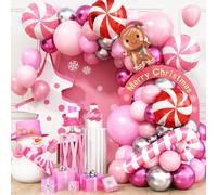 Pink Christmas Balloon Arch Kit 122Pcs Pink Silver Red Xmas Balloon Garland with Gingerbread Man Candy Cane Foil Balloons for Winter Holiday New Year Cookie House Wonderland Birthday Party Decorations