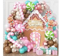 Pink Christmas Balloons Arch Kit, 117 Pcs Christmas Decorations Balloon Garland, Light Pink Brown Teal Blue and White Latex Balloons, Xmas Candy Cane Windmill Foil Balloon for New Year Winter Holiday