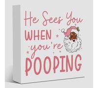 Pink Christmas Bathroom Decor, He Sees You When You're Pooping Bathroom Sign, Funny Christmas Santa Claus Decorations for Home Toilet 5 x 5 Inches A07