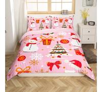 Pink Christmas Bed Sets Kawaii Xmas Tree Duvet Cover For Kids Boys Girls Winter Magic Snowflake Bedding Set Cute Snowman Comforter Cover Xmas Hats Girly Christmas Ornaments Bedroom Decor,3Pcs King
