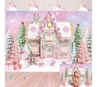 Pink Christmas Candy House Backdrop Christmas Sweet Candy Cottage Photography Background Pink Gingerbread House Banner for Winter Candyland Themed Cake Table Decoration (7x5FT: 84x60 inch)