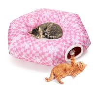 Pink Christmas Cat Tunnel Bed Peekaboo Cat Cave Donut Under Christmas Tree Pink Checker with Snowflakes Festive Decor Perfect for Small Medium Large Cats, Kittens, Rabbit, Ferret