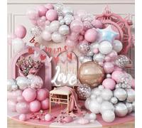 Pink Christmas Decorations Arch Kit, 120 PCS Xmas Balloons with 4D Rose Gold Candy Cane Iridescent Snowflakes, Pastel Pearl Pink Silver Balloons for Gingerbread Decor