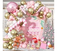 Pink Christmas Decorations Balloon Arch Kit, Gingerbread Candy Cane 4D Balloon Pastel Pink White Gold Snowflakes Balloons for Winter Wonderland Candyland Xmas Birthday Baby Shower Party Decorations