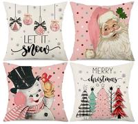 Pink Christmas Decorations Pillow Covers 20x20 Set of 4 Polka Dots Santa Snowman Snowflake Merry Christmas Balls Let It Snow Xmas Tree Winter Holiday Pillows Decorative Throw Cushion Case for Couch