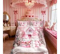 Pink Christmas Farmhouse Duvet Cover Double,Cute Gnome Romantic Christmas Trees Comforter Cover for Kids Teens Adults Bedroom Decor,Winter Cute Snowman Bedding Set 2 Pillowcases,No Comforter