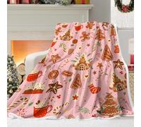 Pink Christmas Gingerbread Man Throw Blanket, Winter Cute Star Snowflakes Candy Cane Throws Blankets, Xmas Soft Lightweight Holiday Flannel Blanket for Couch Sofa Bed Chair Living Rooms Decor 50X60IN