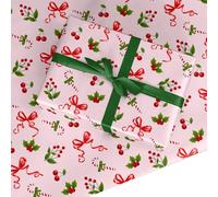 Pink Christmas Wrapping Paper - Festive Assortment Gift Wrap with Bows, Holly & Candy Canes for Women, Girls, Family - Present Paper by Dyefor (Pink, 2 Sheets (50x70cm))