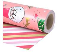 Pink Christmas Wrapping Paper Roll, 43cm*10m Kraft Recyclable Brown Gift Wrap Paper With Snowflake Gingerbreadman for Xmas Party New Year Gifts, ECO-friendly Present Decorations