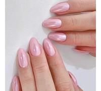 Pink Chrome Press On Nails - 24pcs Aurora Almond False Nails Short Medium - Natural Elegant Glitter Shine Fake Nails With Glue - Removable Stick On nails For Women Girls Nail Art Daily & Party Wear