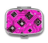 Pink Circuit Board Pill Box 2 Compartments Portable Travel Pill Case Mini Medicine Organizer for Pocket Purse Metal Waterproof Medicine Container Holder Vitamin Fish Oil