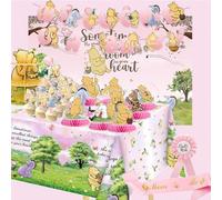 Pink Classic Winnie Baby Shower Decorations Kit, All-in-1 Vintage Winnie Party Supplies Decorations, Classic The Pooh Backdrop Cake Topper, Winnie Baby Tablecloth Honeycomb Decorations for Baby Shower