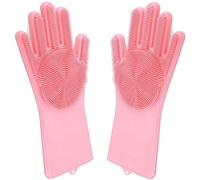Pink Cleaning Gloves Pair - Dishwasher Reusable Silicone Brush Rubber Gloves - Heat Resistant Multipurpose for Kitchen, Bathroom, Pet Hair, Car Washing - Non-Allergic, Latex-Free, Sterilizable Glove