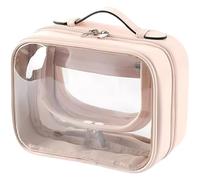 Pink Clear Travel Toiletry Bag for Women, Hanging Makeup Cosmetic Bag with Handle, Double Layer PVC Travel Bag with Zipper, 8.3 x 4.3 x 0.5 in, 21.08 x 10.92 x 1.27 cm