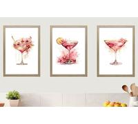 Pink Cocktails Set of 3 Unframed Wall Poster Prints, Beautiful Watercolour Design, Bathroom Bedroom Lounge Kitchen Office Home Décor, Martini Glasses Cherries Flowers, Pink and Gold (A3)