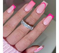 Pink Coffin False Nails with Glossy Neon Tips and Nude Gradient for Medium-Length Slimming Manicure - 24Pcs Acrylic Stick-On Full Cover Set, Secure Fit, Salon-Quality Finish for Women