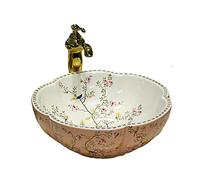 Pink Color Flower Shape Bathroom Vessel Sinks Ceramic Art Wash Basin with Flower Bird Pattern for Counter Vanity Top,1 Sink Only