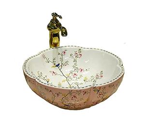 Pink Color Flower Shape Bathroom Vessel Sinks Ceramic Art Wash Basin with Flower Bird Pattern for Counter Vanity Top,1 Sink Only