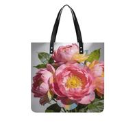 Pink Colorful Flowers Square PU Leather Tote Bag