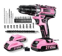 Pink Cordless Drill Set, 21V Drilldriver and Screwdriver Set with 2 Batteries, 10mm Chuck, 25+1 Electricdrill, 2 Speed Power Combi BatteryDrill, 27 Pcs Accessories for Home Repair DIY & Women Gift