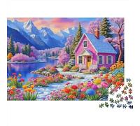 Pink Cottage Landscape 1000 Piece Jigsaw Puzzle Pink House Mountain View Art - Recycled Cardboard for Adults 70x50cm/1000pcs
